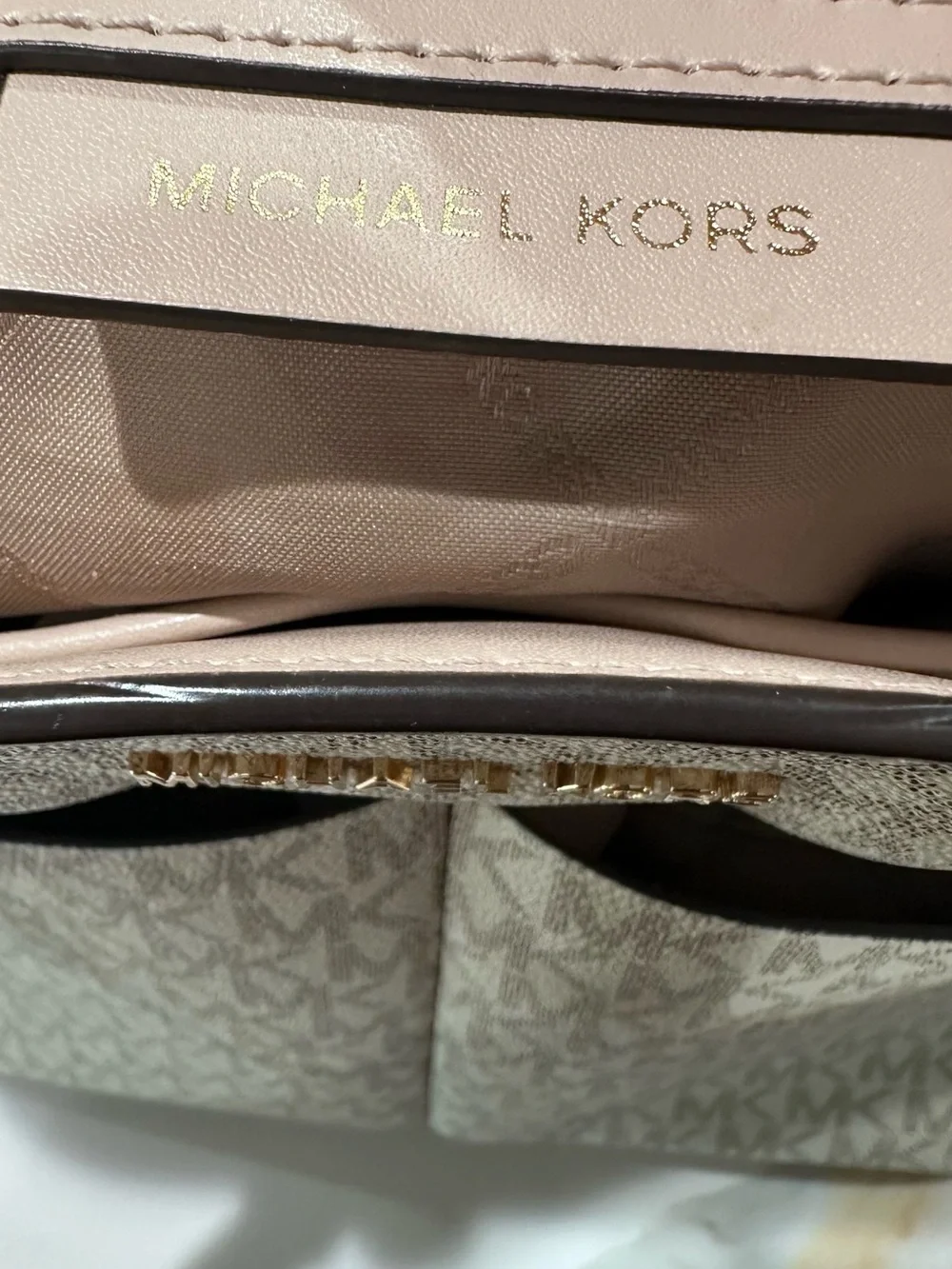 Michael Kors Light Beige Signature MK Pocket Tote with Pink Trim